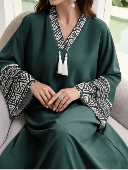 Al Najma Women's Loose Turkish Long Patchwork Geometric Print And Fringe Decoration Batwing Sleeves Kaftan, Modest Arabian Dress