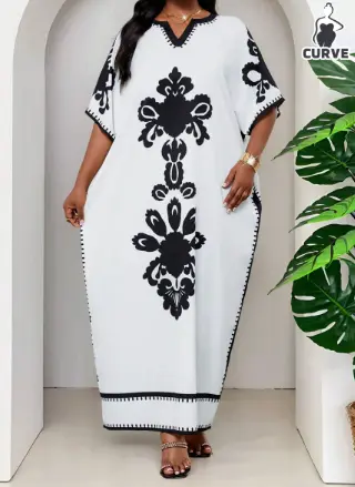 SHEIN Lady Spring And Summer Casual Elegant Boho Red Woven Notched Straight Batwing Sleeve Kaftan Dress Midi Short Sleeve Plus Size Dresses