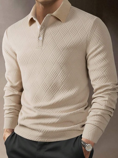Men Solid Color Plain Front Button Long Sleeve Simple Polo Shirt, Casual Everyday Wear