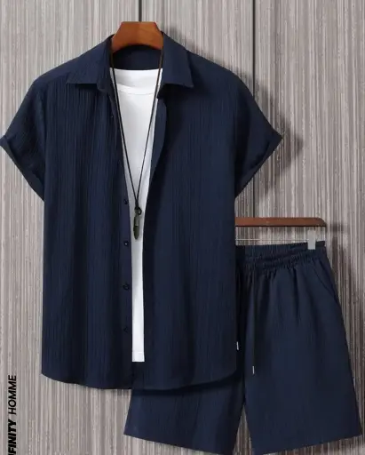 Manfinity Homme Chemise boutonnée unie pour hommes et shorts à cordon de serrage sans tee-shirt, pour sortie