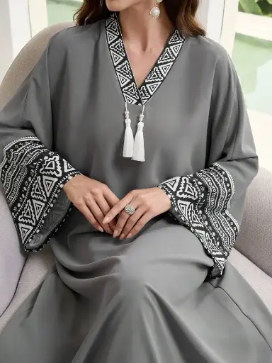 Al Najma Women's Loose Turkish Long Patchwork Geometric Print And Fringe Decoration Batwing Sleeves Kaftan, Modest Arabian Dress